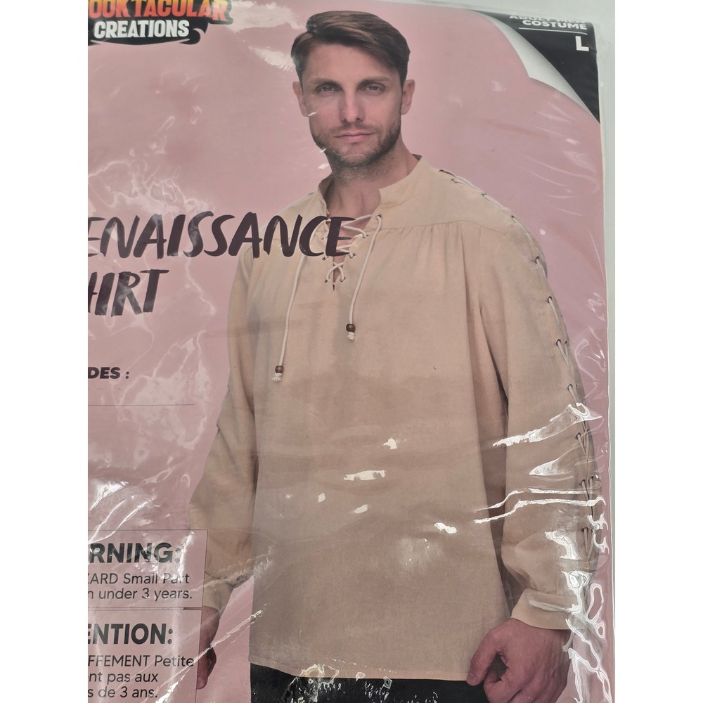 Spooktacular Creations Renaissance Shirt Men Large Beige Gothic Lace Up - New